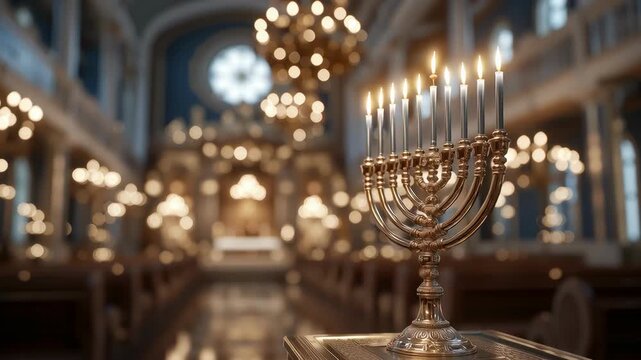 Golden menorah with lit Hanukkah candles inside synagogue with chandeliers and sacred atmosphere
