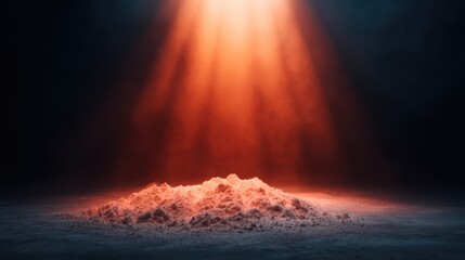 A glowing mound of powder illuminated by dramatic lighting in a dark environment, creating an atmospheric and mysterious effect.