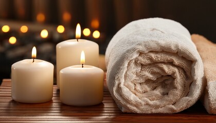 Lit Candles In Spa Setting With Soft Robe