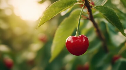 Obraz premium A close-up of a ripe cherry hanging from a branch, surrounded by green leaves, bathed in soft sunlight, symbolizing freshness and nature's bounty.