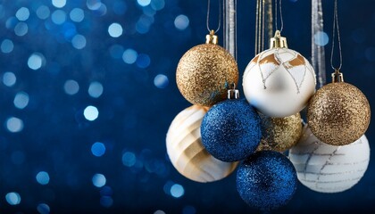 Christmas Ornaments Gold White Blue Glitter Dark Blue Background
