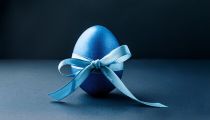 Blue Easter Egg With Ribbon On Dark Background Easter Stylish Minimal Composition Copy Space Close Up