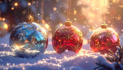 Christmas ornaments in snow, warm light