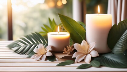 Luxury Vacation Spa Day With Tranquil Candles Botanical Leaves And Soothing Floral Elements For A Relaxing Wellness Retreat And Self Care Experience
