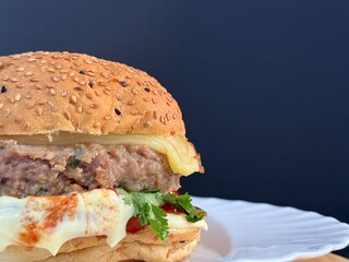 A large cheeseburger with tomatoes and greens on a white plate. Delicious, nutritious, and quick food.