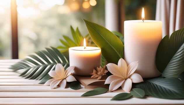 Luxury Vacation Spa Day With Tranquil Candles Botanical Leaves And Soothing Floral Elements For A Relaxing Wellness Retreat And Self Care Experience