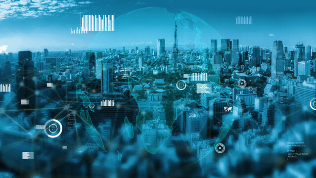 A stunning aerial perspective of Tokyo skyline, showcasing modern architecture and enhanced with digital overlays representing global connectivity and technological advancement. Xenic