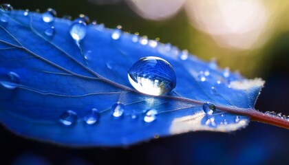 A Single Luminous Water Droplet Rests Delicately Upon A Vibrant Blue Leaf Reflecting A Soft Inner Glow And Surrounded By Tiny Dewdrops