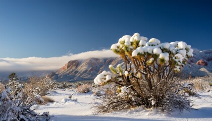Snow Covered Desert Shrub With Mountainous Background Serene Winter Landscape And Nature Photography