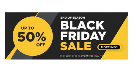 Black friday end of season sale up to 50 off with more info button isolated on transparent background