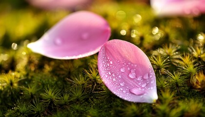 Close Up Of Pink Petals On Moss With Water Droplets