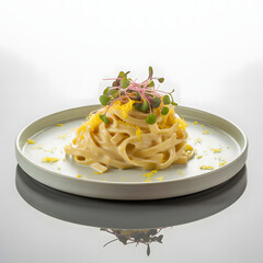 Gourmet Lemon Cream Pasta Portion with Pink and Green Microgreens on a Reflective Surface Modern Studio Plating of Fettuccine Alfredo with Lemon Zest and High-Key Background