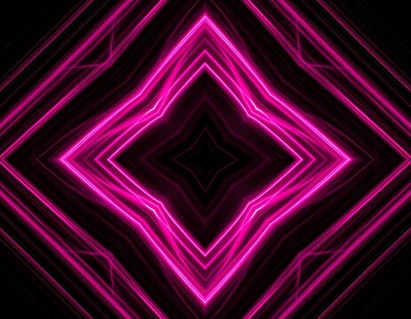 Abstract symmetrical pattern of glowing pink lines on black background