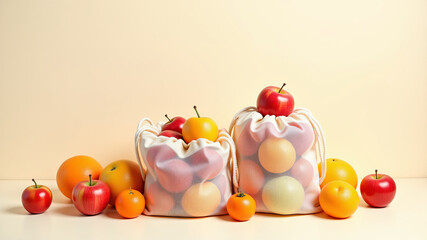 Fresh fruits inside reusable mesh produce bags on kitchen counter