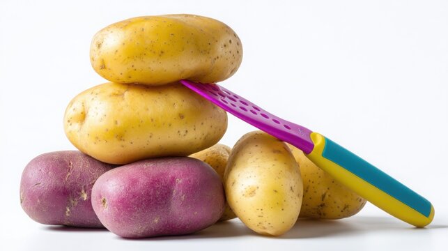 "Rustic Simplicity: Potatoes with Colorful Peeling Knife"