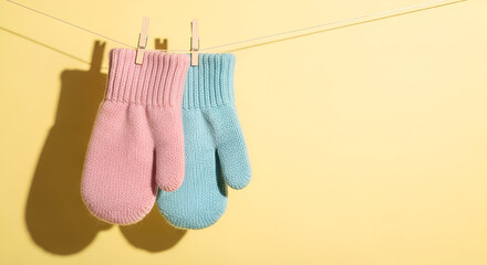 A pair of mittens hanging on a pastel yellow background.