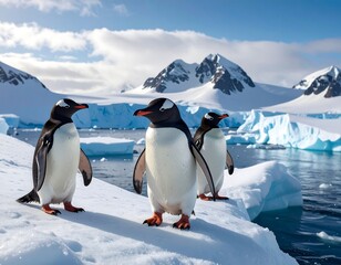 Obraz premium Penguins on ice floes in Antarctica