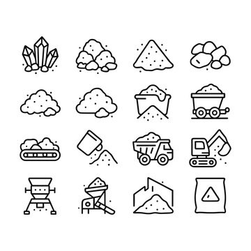 Mineral and gemstone collection icons. Outline symbols. Line design