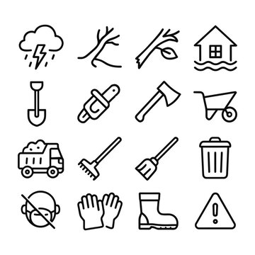Weather damage cleanup and repair service icons collection. Outline symbols. Line design