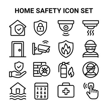 Home safety icons vector set. Outline symbols. Line design