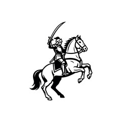 Black and white illustration of a knight in full armor riding a rearing horse with a sword raised on a white background