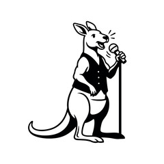 Black silhouette of a kangaroo wearing a vest and holding a microphone on a stand singing