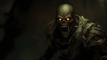 Undead monster with glowing eyes and a wide-open mouth revealing sharp teeth