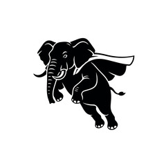 Black silhouette of an elephant wearing a cape flying through the air