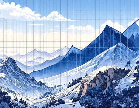 A stylized, panoramic landscape of snowy mountains - Powered by Adobe