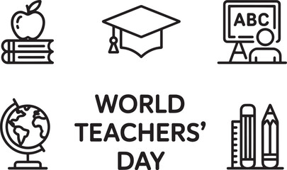 Naklejka premium World Teachers Day banner with apple, books, graduation cap, blackboard, globe, pencils