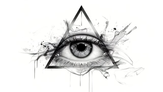 Mysterious eye within a geometric triangle design featuring abstract ink splashes