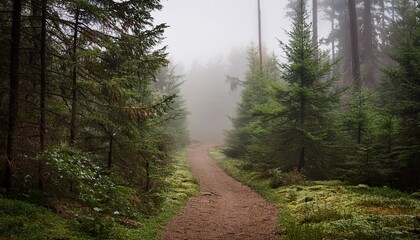Fototapeta premium Overgrown Dirt Path Through A Dark Evergreen Forest On A Foggy Day