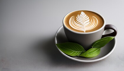 Beautiful Latte Art Coffee Cup With Fresh Green Leaves On A Light Gray Surface