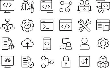 Software Development Icons  Vector icon set depicting project management concepts including planning development and teamwork in a clean, minimalistic design
