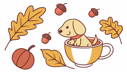 Playful Cheerful Golden Retriever design, styled with in a teacup and Autumn Leaves shades in a Autumn setting