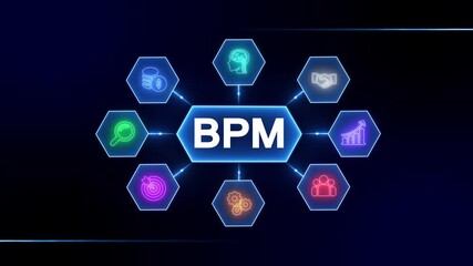 B P M Business Process Management Hexagon Network Icons Growth Strategy Teamwork Finance Innovation Analysis Target Gears Collaboration Digital Technology Concept - Powered by Adobe