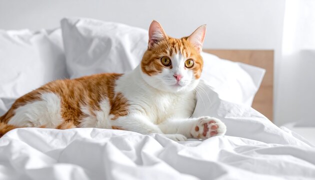 Orange and white cat on white bed