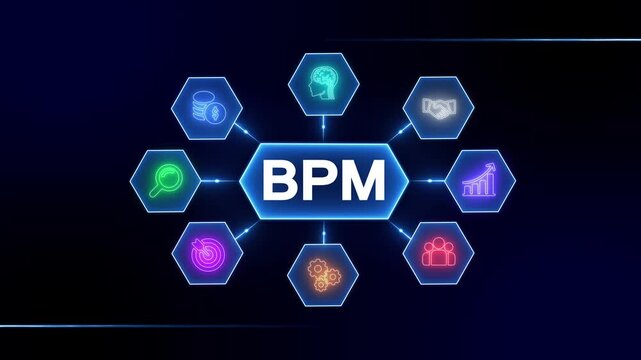 B P M Business Process Management Hexagon Network Icons Growth Strategy Teamwork Finance Innovation Analysis Target Gears Collaboration Digital Technology Concept
