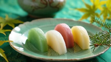 Chuseok songpyeon rice cakes, traditional Korean dessert, colorful half moon sweets, autumn harvest festival food, ancestral offering, festive cultural celebration, heritage cuisine ritual