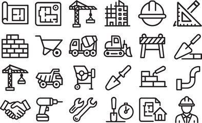 Construction Icons Set Blueprint Crane Building Tools