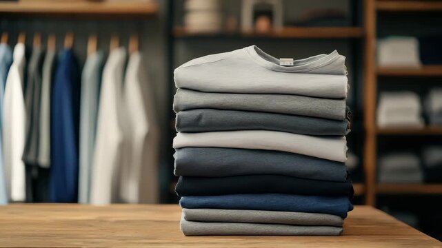 Neatly stacked t-shirts on a wooden table in a clothing store showcasing various colors and styles