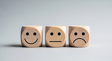 Three wooden blocks displaying happy neutral and sad face emotions on a light gray background surface