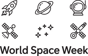 World Space Week icons set, cosmic exploration and astronomy symbols