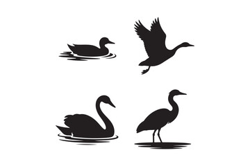 Silhouettes of waterfowl including a swan duck and heron