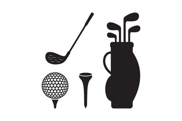Silhouette of golf equipment including clubs ball and tee