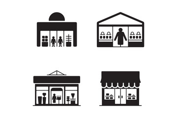 Collection of stylized black and white storefront icons representing different businesses