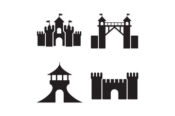 Four stylized black silhouettes of medieval castles and towers