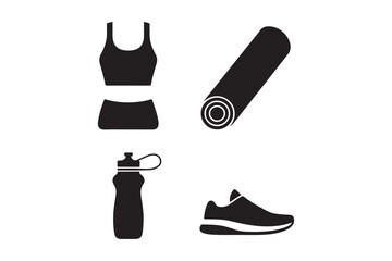 Fitness and yoga gear icons for healthy lifestyle and exercise