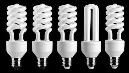 Row of six compact fluorescent light bulbs with spiral tubes and screw bases on black background,
