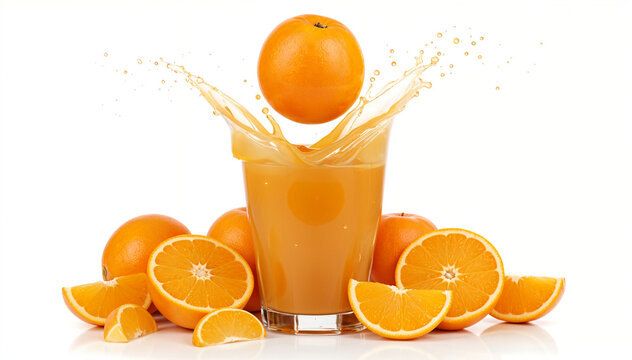 Fresh Orange Juice Splash with Whole and Sliced Oranges on White Background